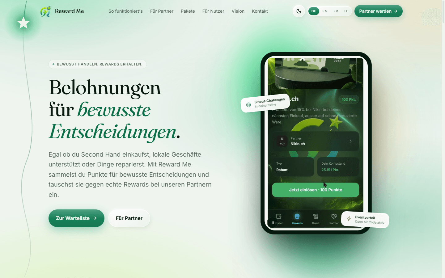 Die Webseite von Reward Me: Punkte sammeln und bei Partnern einlösen.